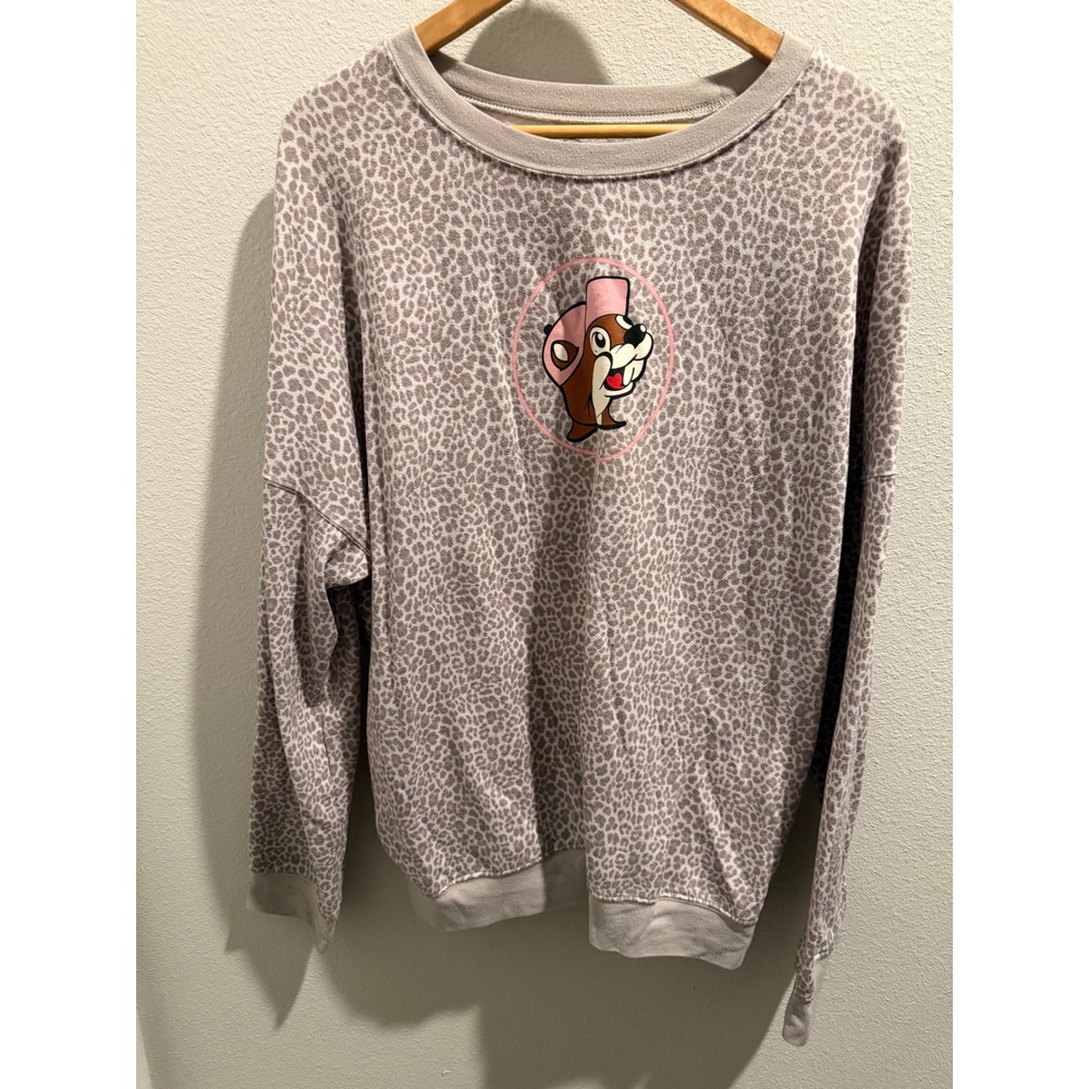 Buc-ee's Leopard Print Sweatshirt XL Beaver Mascot Pink Hat Animal Pullover